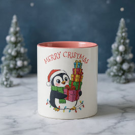 Taza Bicolor Pingüino Lindo de Navidad Llevando Regalos
