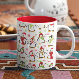 Taza Bicolor Pingüinos bailarines Navidades del patrón rojo y v