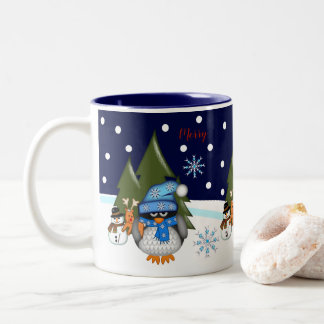 Taza Bicolor Pingüinos bebés en texto de noche nevada y persona