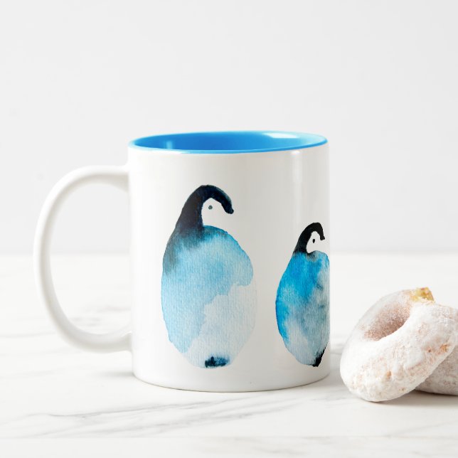 Taza Bicolor Pingüinos lindos acuarela (Con donut)