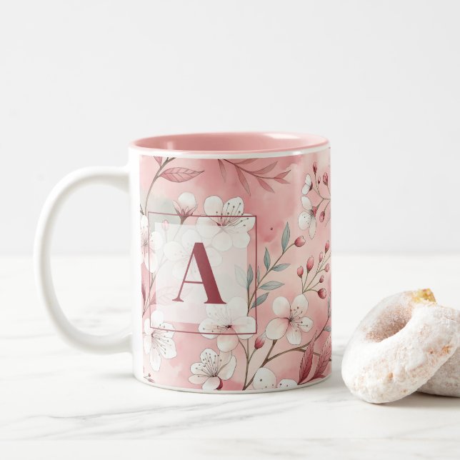 Taza Bicolor Pink cherry blossom monogram (Con donut)