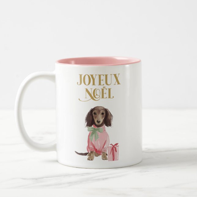 Taza Bicolor Pink Joyeux Noël Dachshund Christmas Mug (Izquierda)