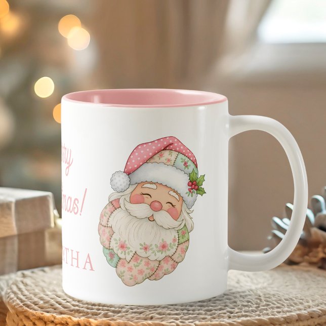 Taza Bicolor Pink Modern Santa Claus Name Mug (Pink Christmas Santa Claus Name Mug)