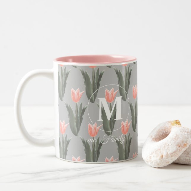 Taza Bicolor Pintado de tulipanes de color monograma (Con donut)