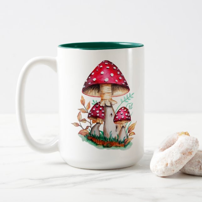 Taza Bicolor Pintura de acuarela botánica para hongos salvajes (Con donut)