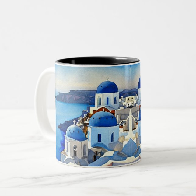 Taza Bicolor Pintura de acuarela de Santorini Grecia (Anverso izquierdo)