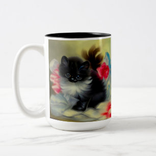 Taza Bicolor Pintura de gatito blanco y negro vintage