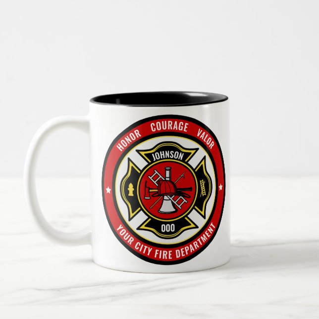 Taza Bicolor Placa de Bombero Rescate AGREGAR NOMBRE Departamen (Izquierda)