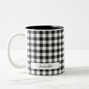 Taza Bicolor Plaid Personalizado Negro Blanco Gingham Rústico M