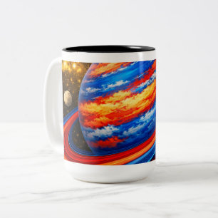 Taza Bicolor Planeta rojo y azul con anillos