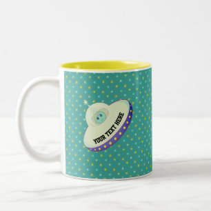 Taza Bicolor Platillo volador moderno y estrellas en azul verde