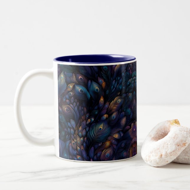 Taza Bicolor plumas de pavo real superpuestas (Con donut)