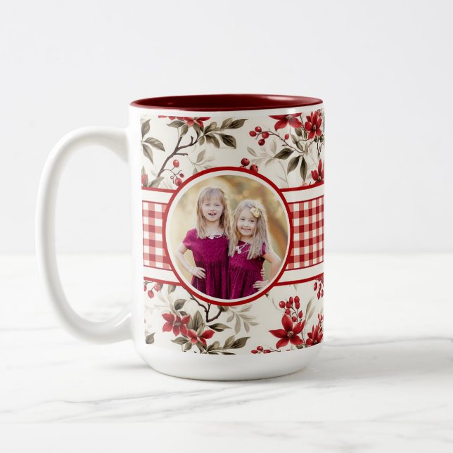 Taza Bicolor Poinsettia Holly Gingham Border Mug (Izquierda)