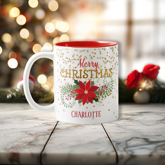 Taza Bicolor Poinsettia, la Purpurina de oro navideño (Merry Christmas Gold Glitter Poinsettia Two-Tone Coffee Mug)
