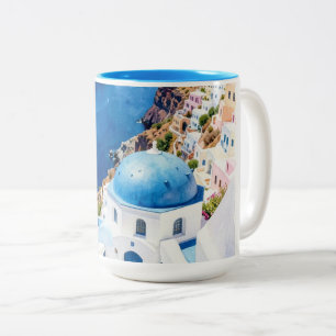 Taza Bicolor Póster de Acuarela de la Cúpula Azul de Santorini