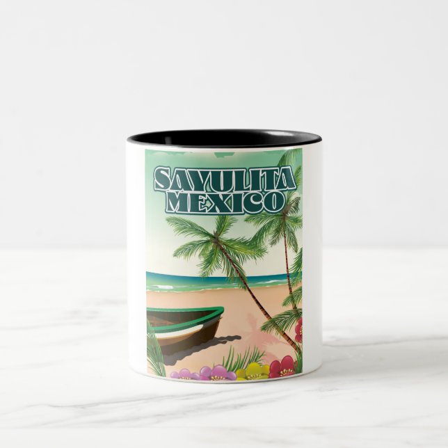 Taza Bicolor Poster de playa de Sayulita México (Centro)
