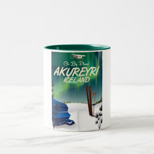 Taza Bicolor Póster de viaje a Akureyri Islandia