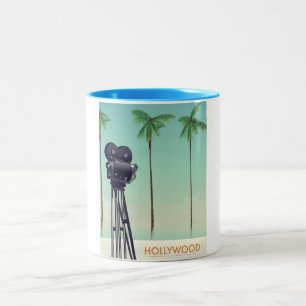 Taza Bicolor Póster de viaje con cámara vintage de Hollywood