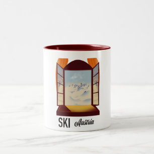 Taza Bicolor Póster de viaje de ventana de esquí Austria.