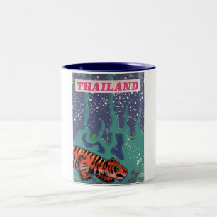 Taza Bicolor Póster de viaje del tigre de Tailandia retro
