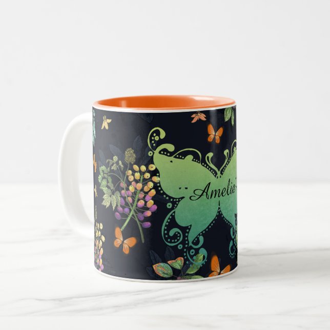 Taza Bicolor Pretty Personalised Dark Floral Butterfly Pattern (Anverso izquierdo)