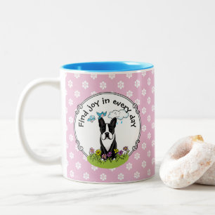 Taza Bicolor Primavera Flores Boston Terrier Dog (negro) lindo