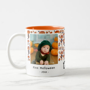 Taza Bicolor Primera foto de Halloween de hongo naranja de otoñ