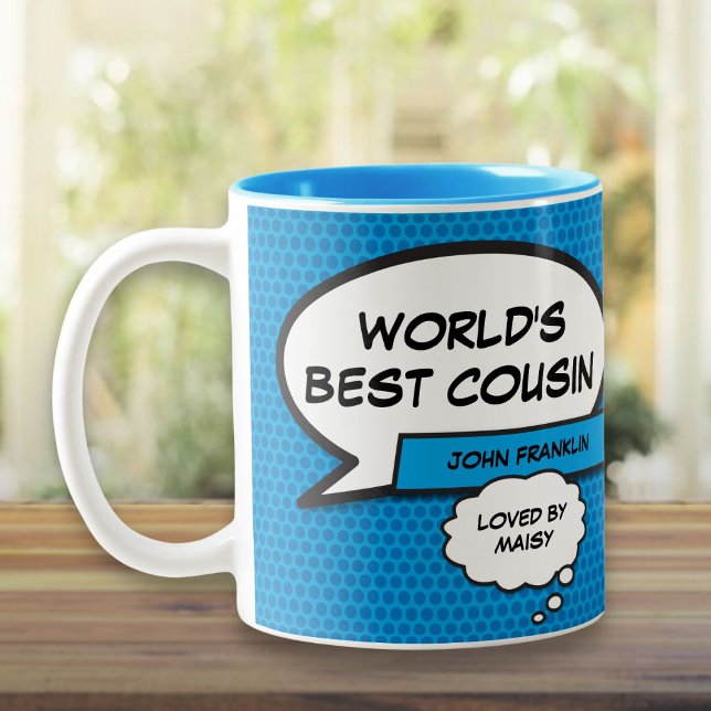 Taza Bicolor Primo favorito divertido cómic azul (Favourite Cousin Fun Comic Book Blue Two-Tone Coffee Mug)