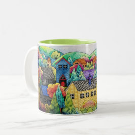 Taza Bicolor Pueblo Acuarela De La Colina Con Casas Coloridas