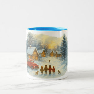 Taza Bicolor Pueblo invernal navideño retro, montaña vintage