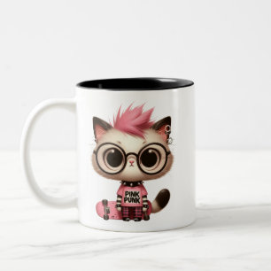 Taza Bicolor Punk Rock Cat con Skateboard   Cute Rebel Kitty
