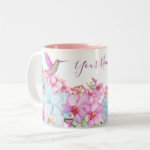 Taza Bicolor Rama floral azul rosa con pájaro