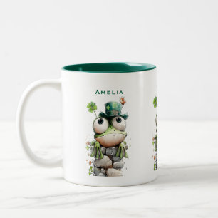 Taza Bicolor Rana con sombrero verde y trébol adorable