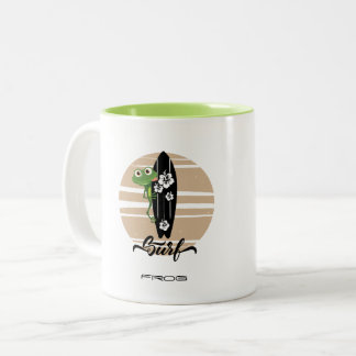 Taza Bicolor Rana divertida de surf vintage puesta de sol vida