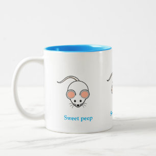 Taza Bicolor Ratón blanco lindo y caligrafía turquesa
