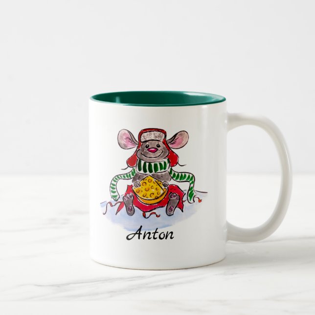 Taza Bicolor Ratón personalizado de queso navideño para Feliz (Derecha)