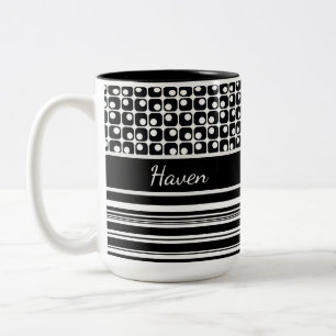 Taza Bicolor Rayas blancas y negras y cuadrados retro personali