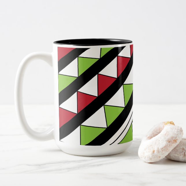Taza Bicolor Rayas diagonales triángulos amarillos verdes moder (Con donut)
