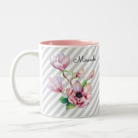 Taza Bicolor Rayas grises florales y nombre de la magnolia