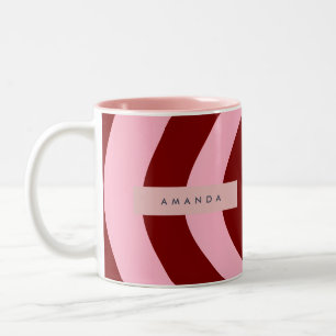Taza Bicolor Rayas Onduladas Rojas y Rosadas Personalizadas