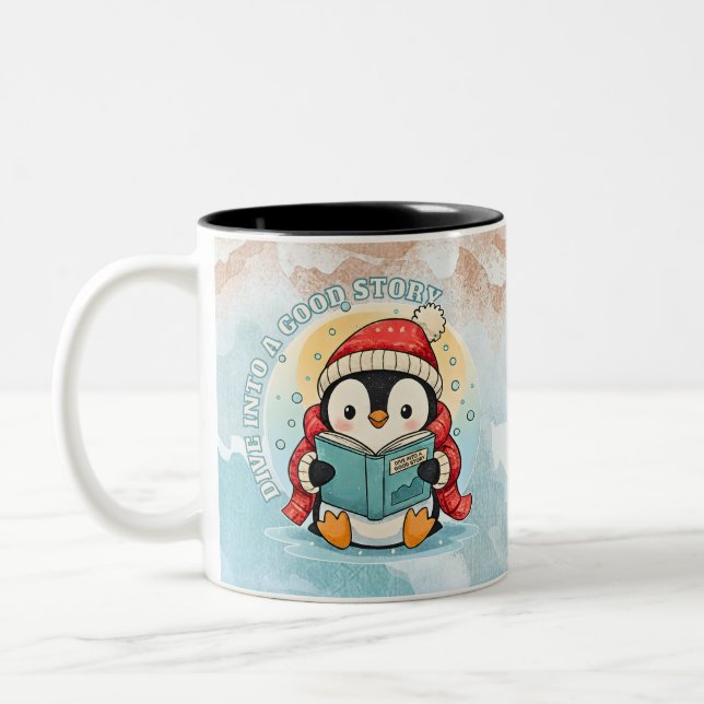 Taza Bicolor Reading Penguin Book Lover Winter Coffee Mug (Izquierda)