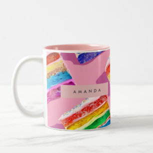 Taza Bicolor Rebanada de pastel de arcoíris colorido personaliz