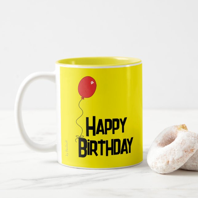 Taza Bicolor Red Balloon Happy Birthday Yellow Mug (Con donut)