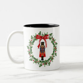 Taza Bicolor Red & Green Nutcracker Red Bow Wreath Holiday Mug