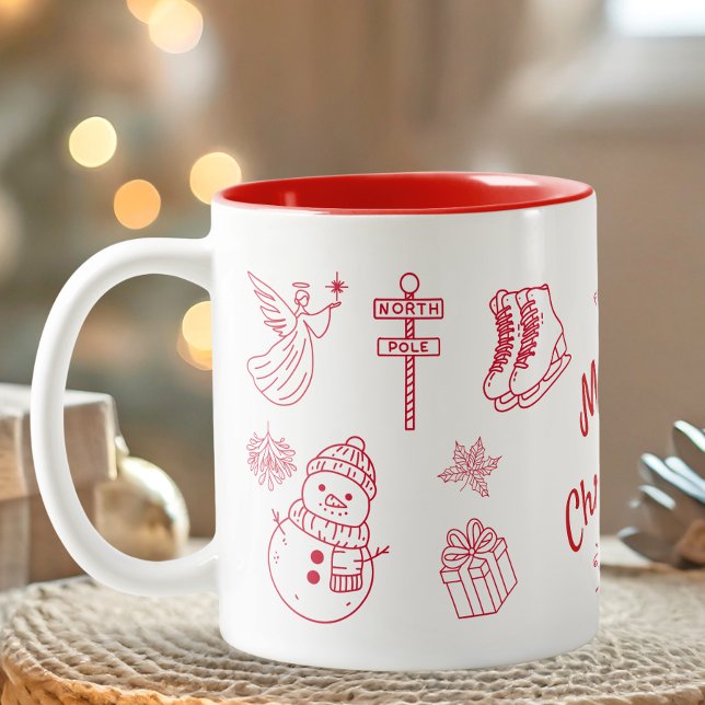 Taza Bicolor Red Merry Christmas Hand Draw  (Red Hand draw Merry Christmas Gift Mug)