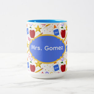 Taza Bicolor Regalo para maestro Manzana Lápiz Pegamento ABC Bo
