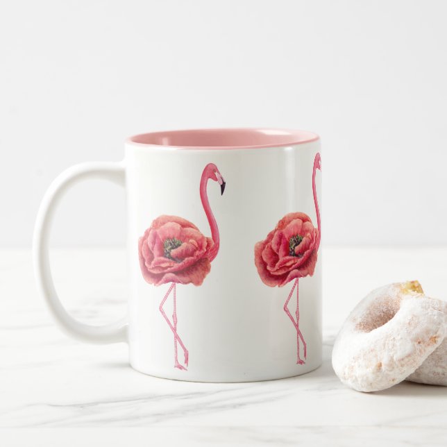 Taza Bicolor Regalo rosado floreciente de los flamencos (Con donut)