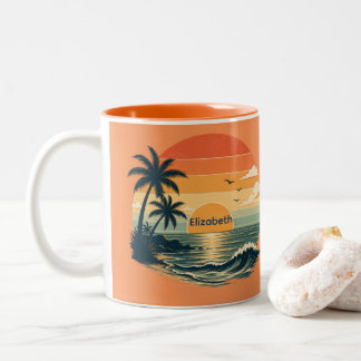 Taza Bicolor Regalo Tropical de Playa de Naranja Atardecer Vint