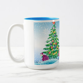 Taza Bicolor Regalos de Año Nuevo sobre un fondo de cielo azul 