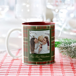 Taza Bicolor regalos de foto de Navidad rojo verde a cuadros el